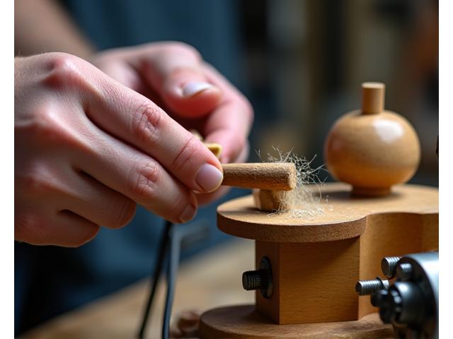 小型木工旋盤（ミニウッドターニングレイス）でペンを製作中の手元